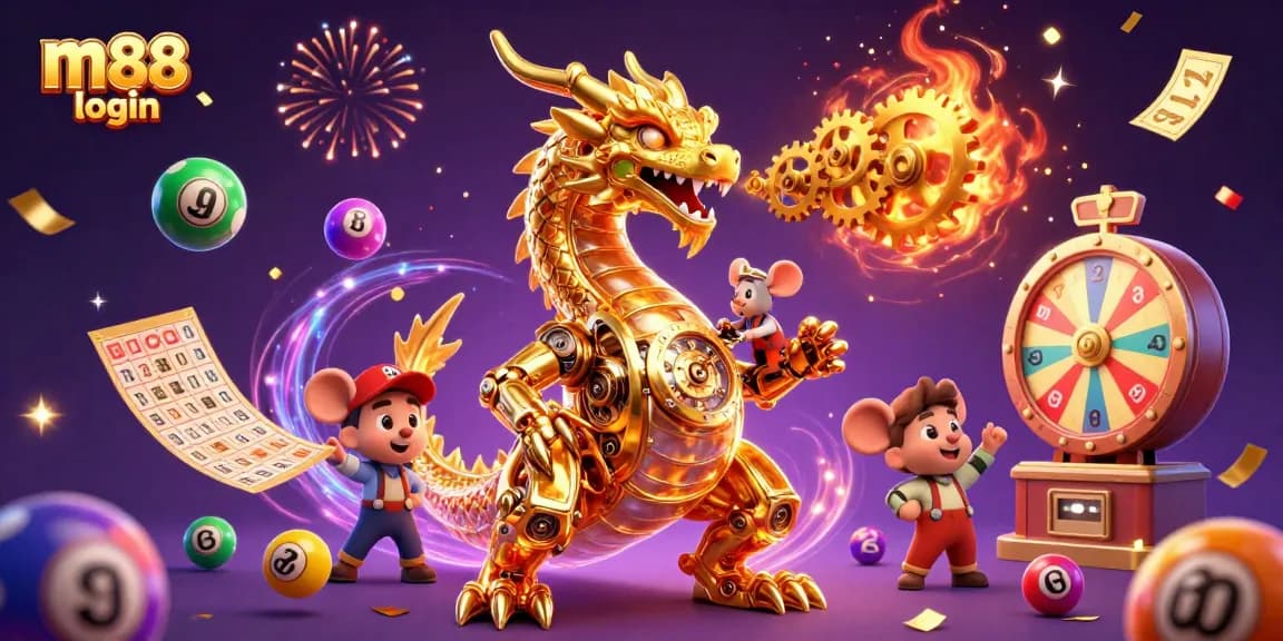 Bet on exciting games with m88 login, featuring a golden dragon and vibrant lottery elements.