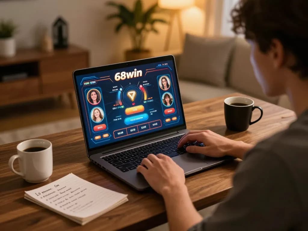 Engaged player placing bets on 68win's online casino interface at home, surrounded by strategy notes.