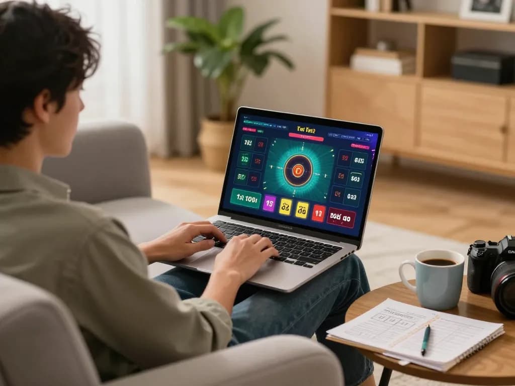 Tài xỉu online gaming setup featuring a player engaged at home with a laptop, warm atmosphere, and strategic notes visible