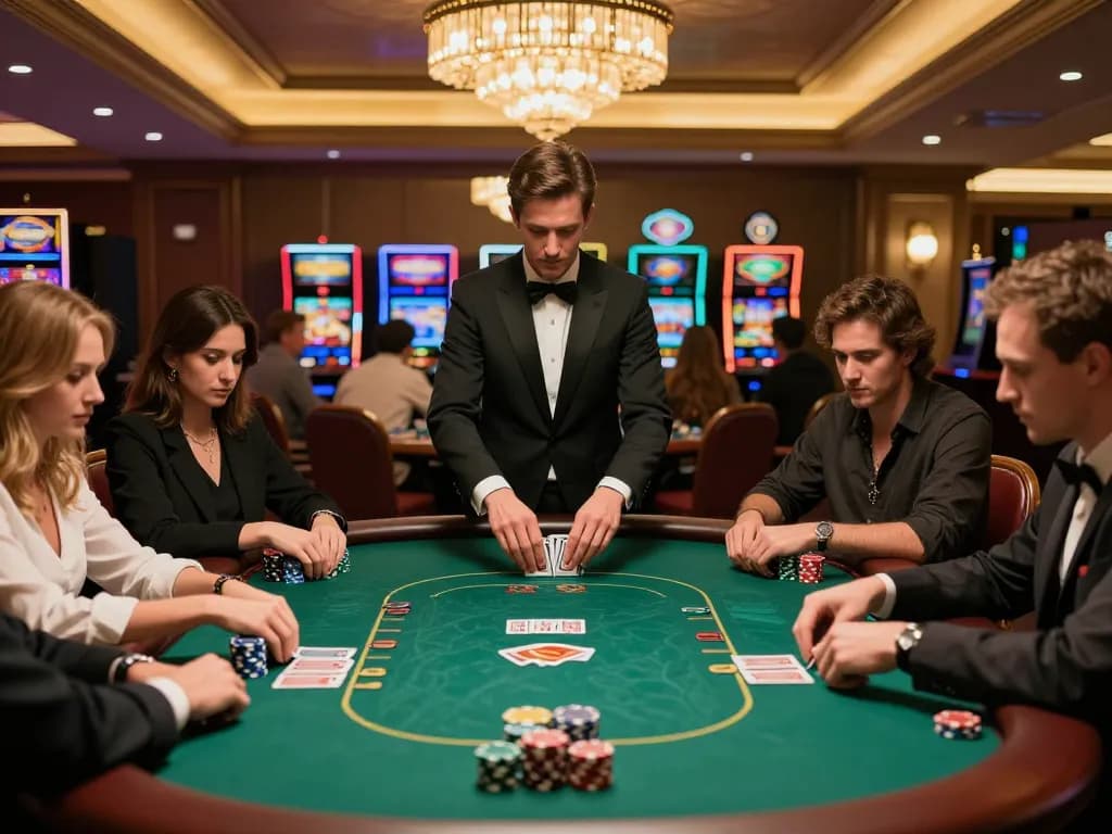 Adegan permainan poker yang penuh aksi di kasino mewah, menampilkan https://jikankasi.com/modules/bulletin/ di tengah permainan strategis.