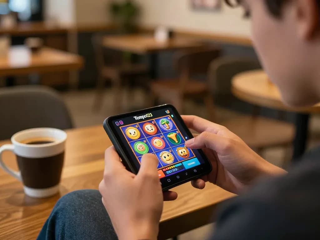 Rasakan keseruan slot online dengan Tempo123 di ponsel Anda di sebuah kafe.