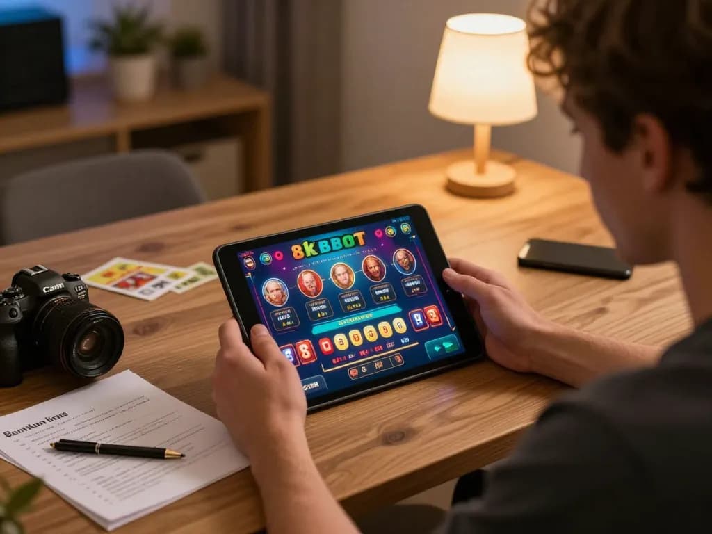 Player engaging with the 8xbet mobile app on tablet, surrounded by strategy notes, creating a vibrant home gaming atmosphere.