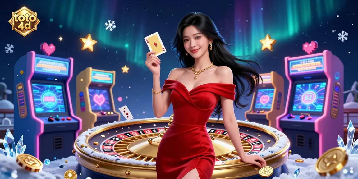 Ilustrasi Toto 4D yang menampilkan seorang wanita percaya diri di samping roda roulette, elemen permainan yang cerah mengelilinginya.