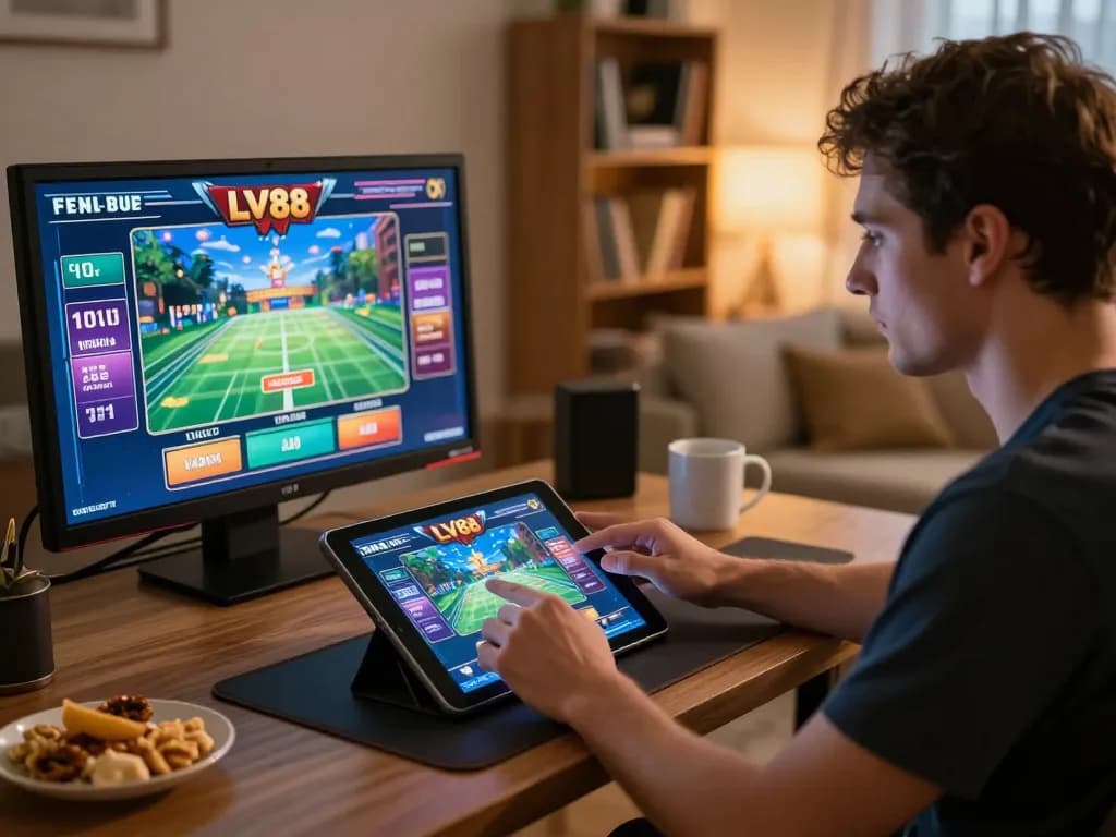 Player enjoying LV88 online casino games at home with tablet and coffee, focused on strategic gameplay
