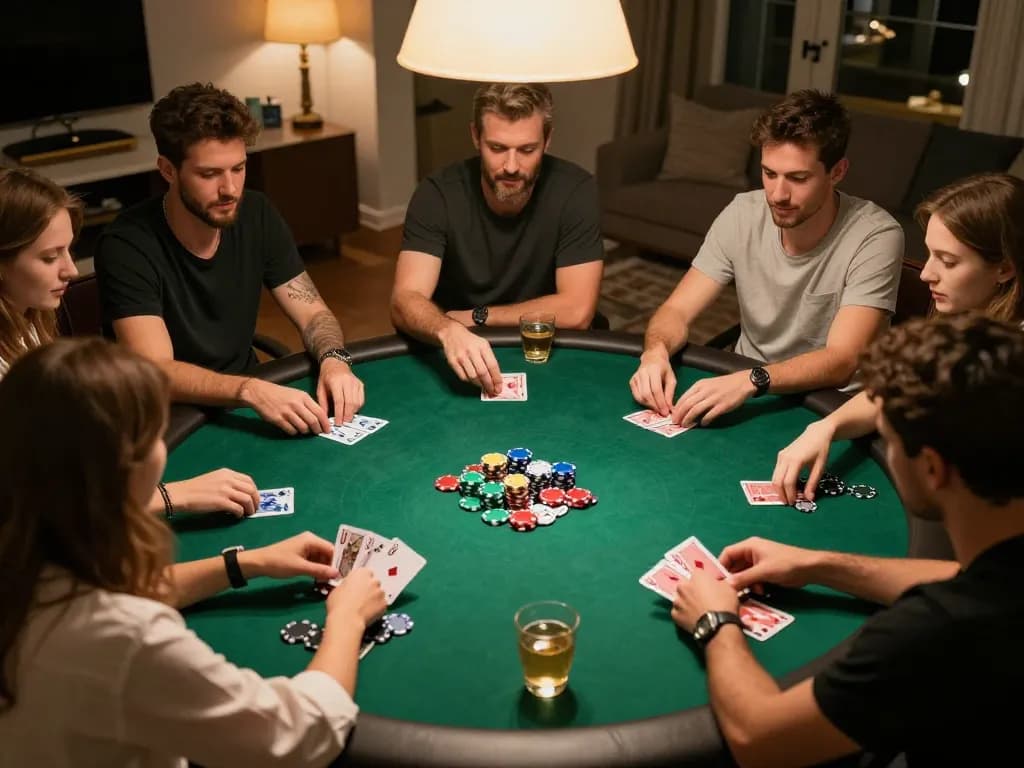 Friends engaging in a strategic home poker night around a green felt table, showcasing intense gameplay at lc88.