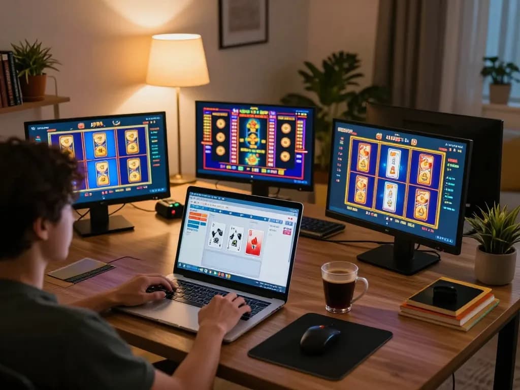Player exploring situs slot gacor on multiple screens, enjoying an engaging online gambling session.