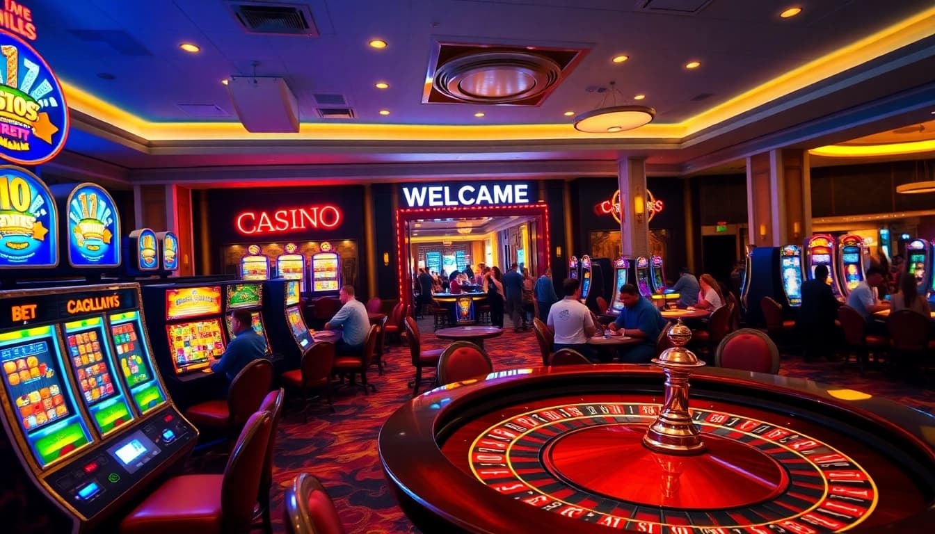 Menggambarkan aksi pemain di kasino dengan idnpoker, suasana yang menarik dan lampu gemerlap.