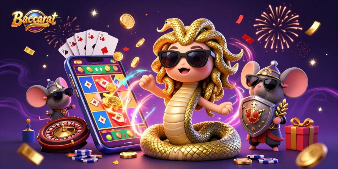 Play Baccarat in dynamic casino scene with charming characters and casino elements.