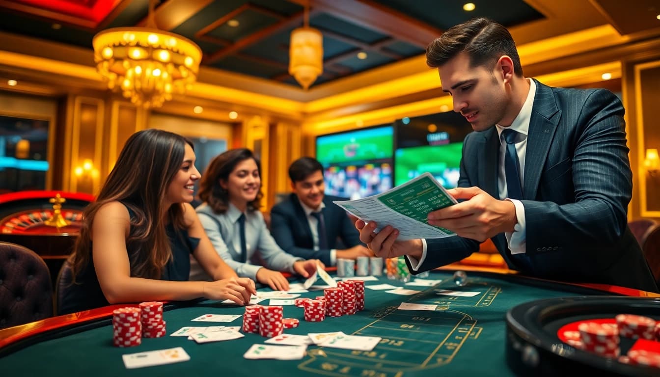 Engaged bettors focusing on Judi Bola at a luxurious casino table with vibrant betting slips and chips.