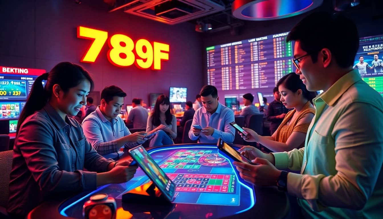 Exciting online gambling scene showcasing 789f's vibrant gaming interfaces and diverse players engaging in various activities.
