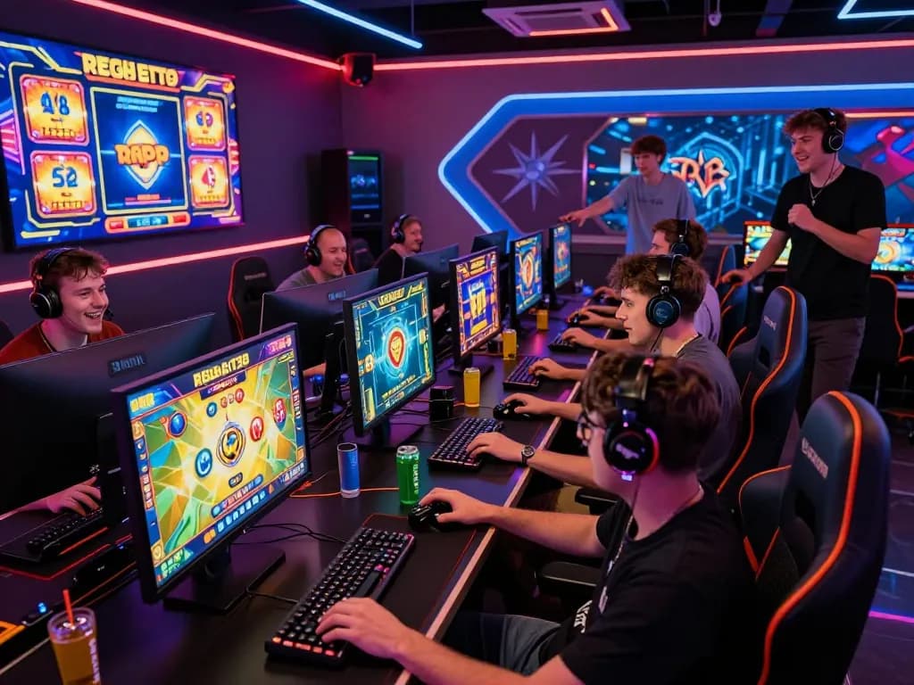 Players enjoying high RTP games on zeus138 in a lively gaming lounge, showcasing excitement and teamwork.