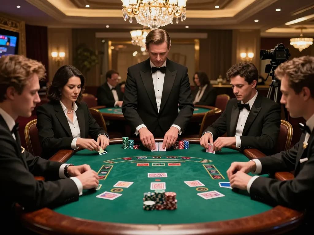 MM 99 blackjack players strategizing bets at a luxurious casino table.