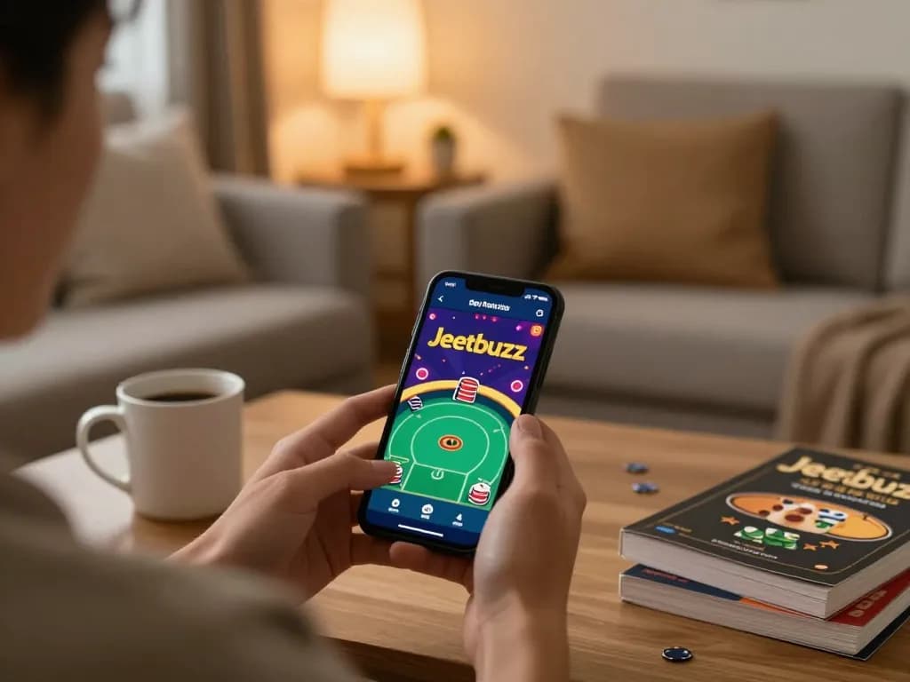 Person using the Jeetbuzz app for poker gameplay on smartphone in a cozy home setting