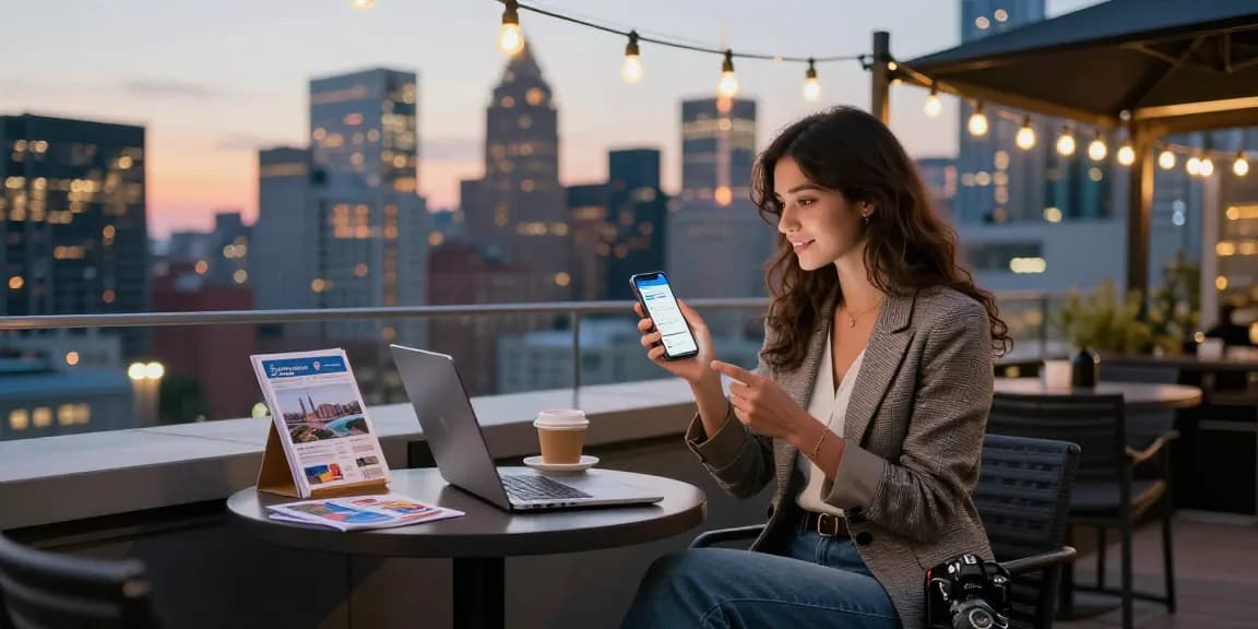 A young woman explores flight options on her smartphone for AA88 while enjoying a city skyline view.