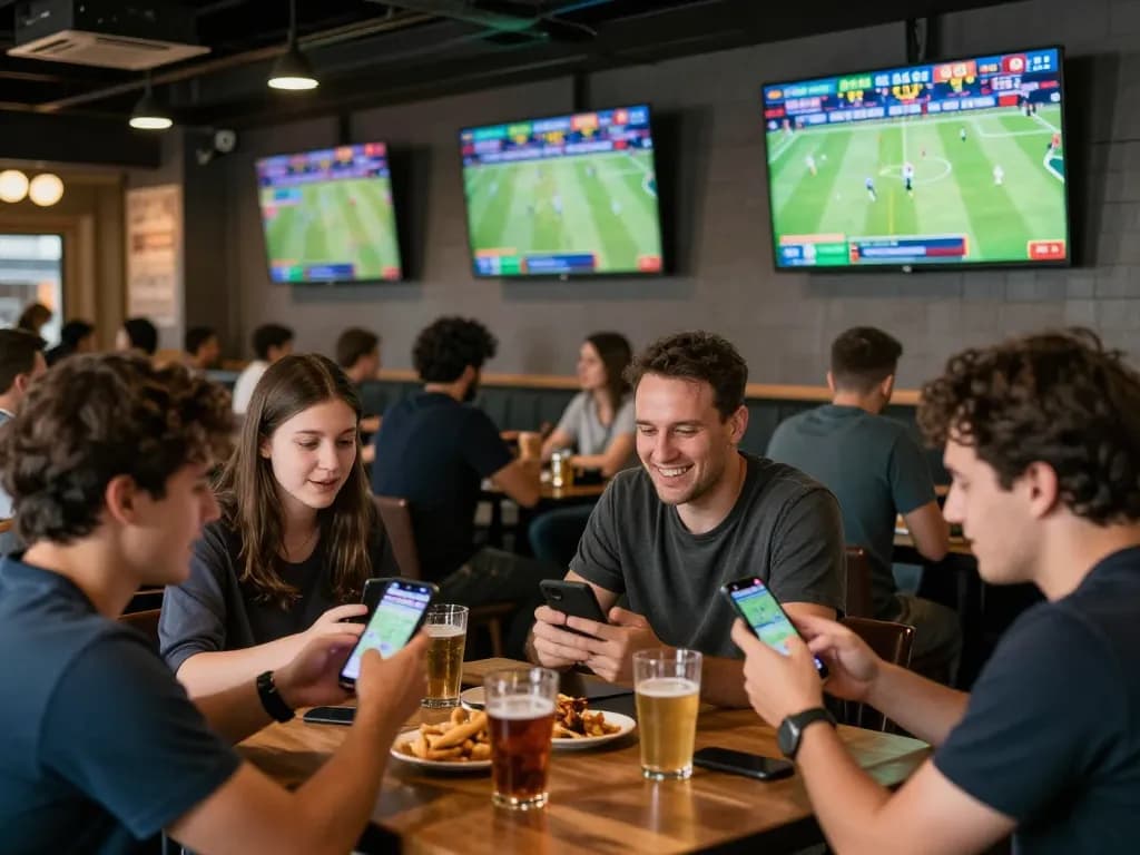 SBOBET88 login in action as sports fans engage with live sports and betting on smartphones at a bustling bar.