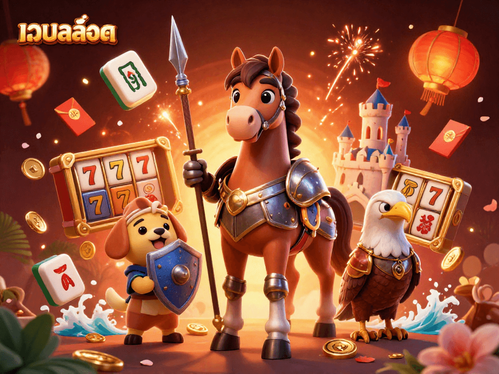 Engage with เว็บสล็อต featuring a medieval knight, squire puppy, and falcon amid casino-themed elements.