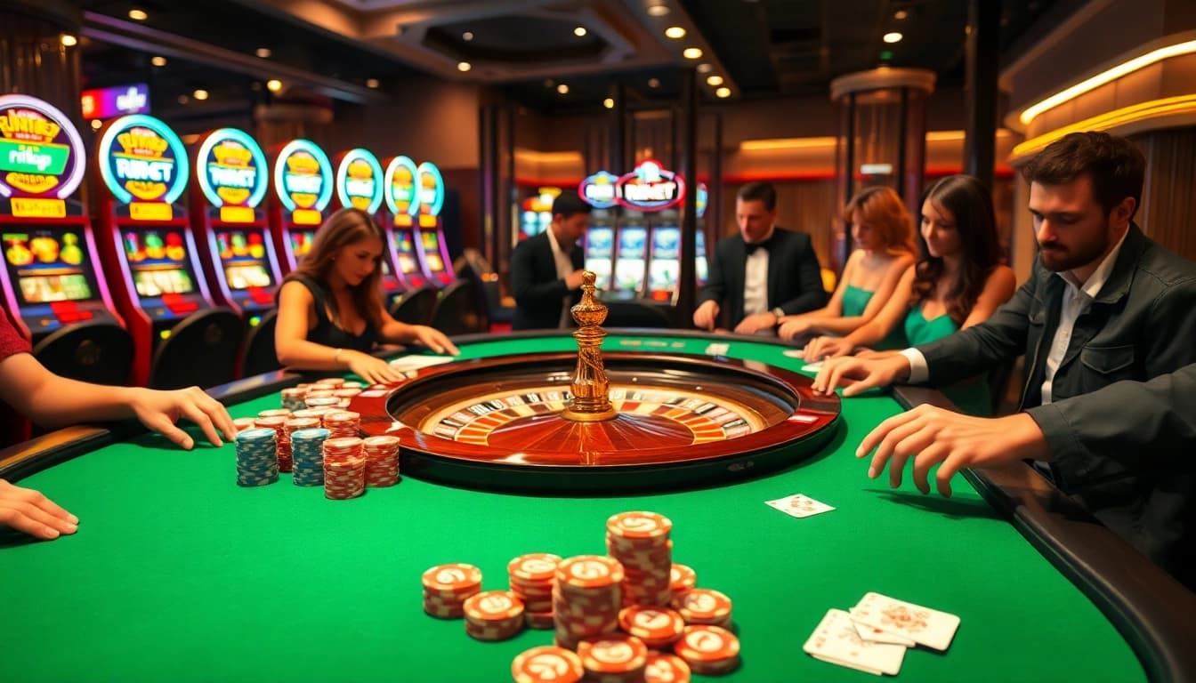 Engaging scene at a rikbet casino with roulette table and luxury gaming atmosphere.