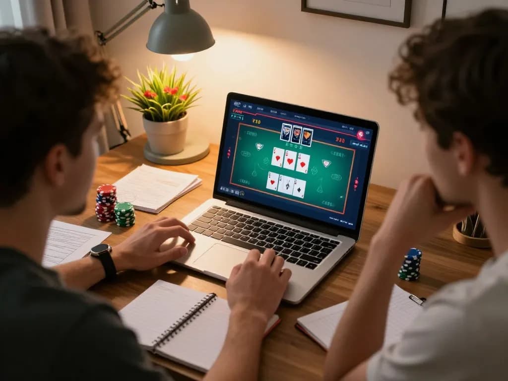 KDTOTO player analyzing online poker game strategy on a laptop in a cozy home setting
