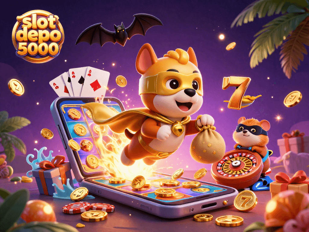 Experience excitement with slot depo 5000 featuring a superhero dog and a hamster in an animated casino adventure.