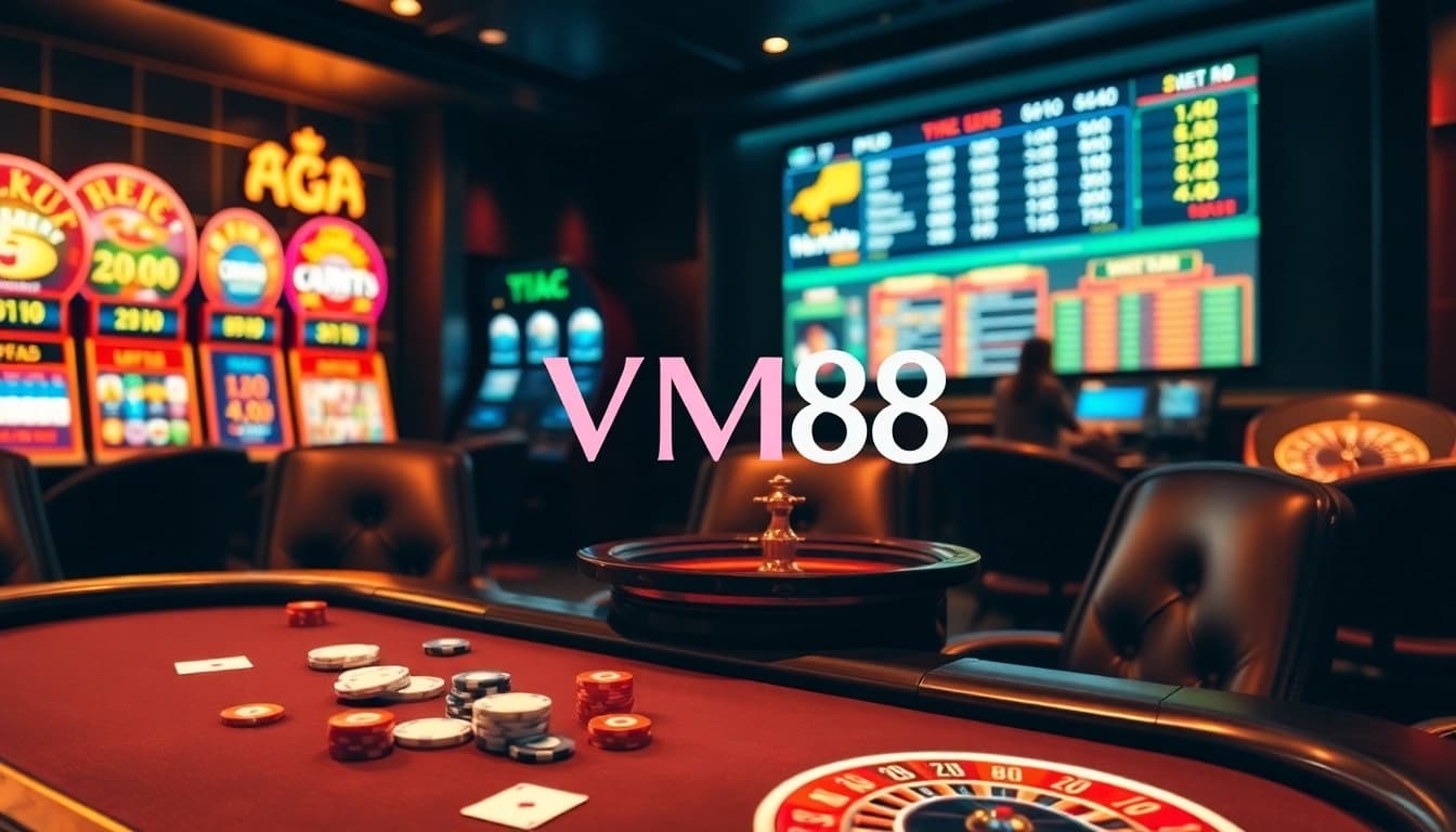 VM88 poker table showcasing strategic card dealing with vibrant chips and roulette wheel action