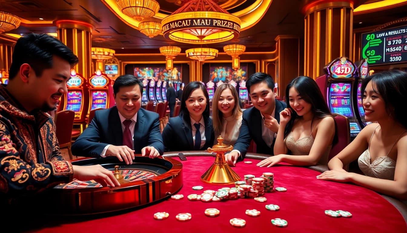 Experience the thrill of the Macau Prize draw as players engage at a classy casino table.