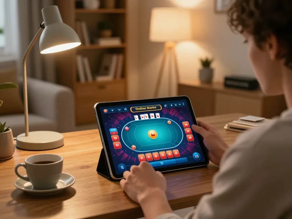 Engagement with sun win online poker platform on a tablet in a cozy home setting.