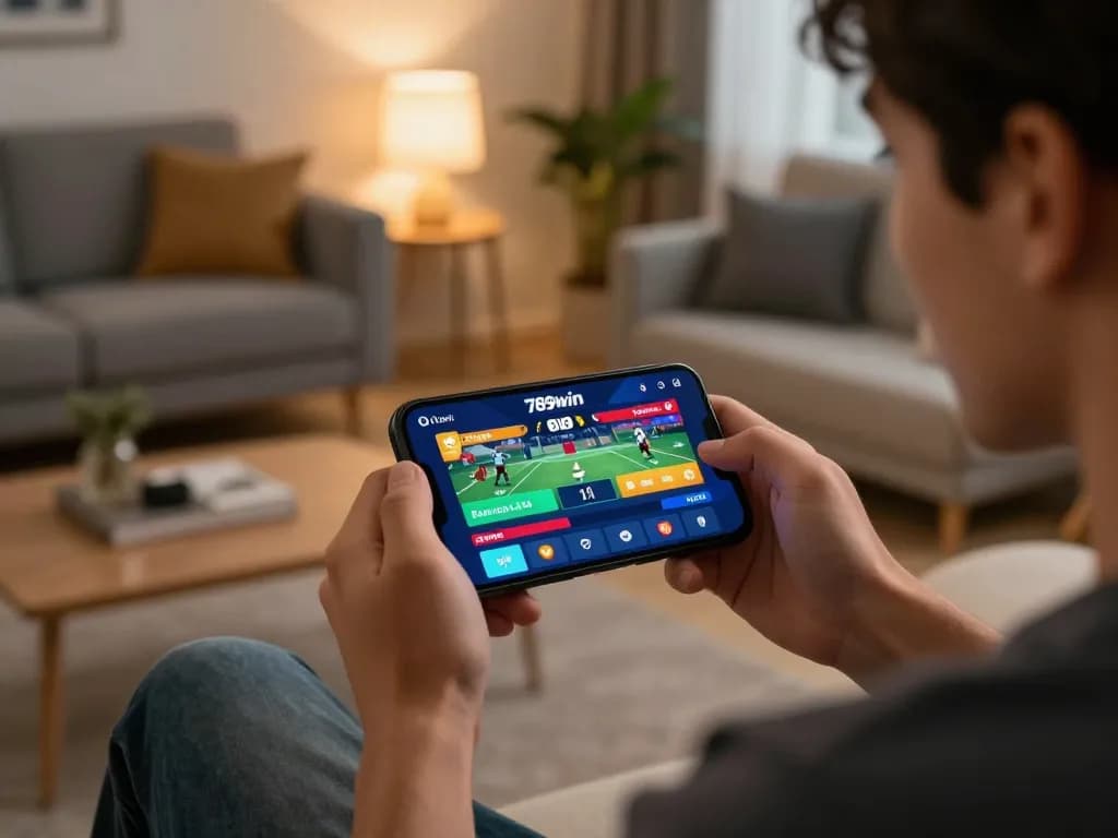 Engaged player using 789win app for live sports betting in cozy home setting.