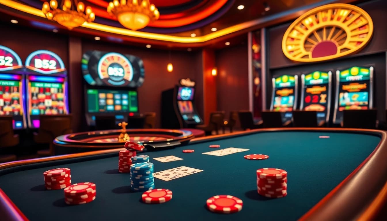 B52 casino gaming experience with vibrant poker elements and dynamic roulette setup.