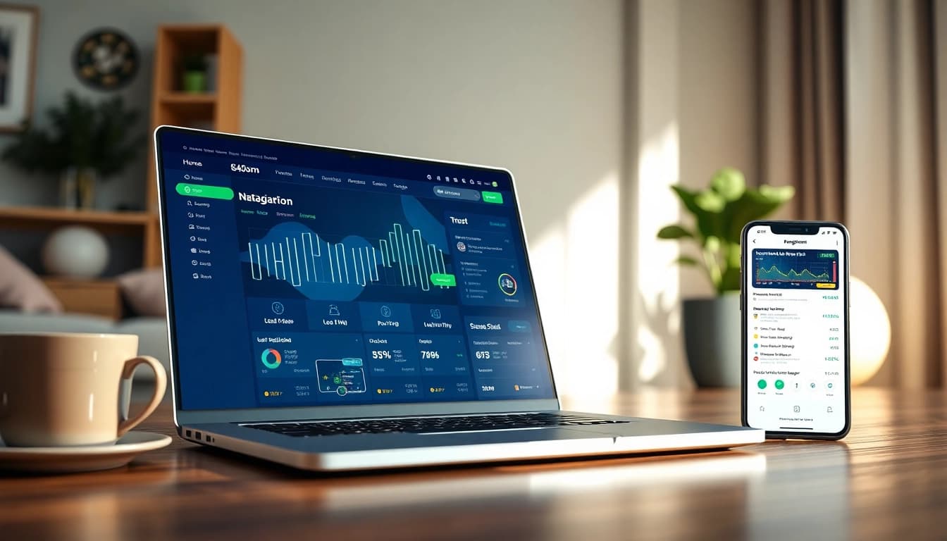 nhacaiuytin.us.com showcases modern betting interface with user statistics and graphs in a cozy home office setup.