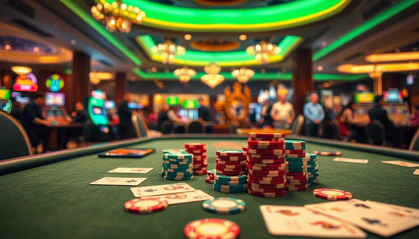 Spannende casino-spiele de mit bunten Chips und Karten in eleganter Umgebung.