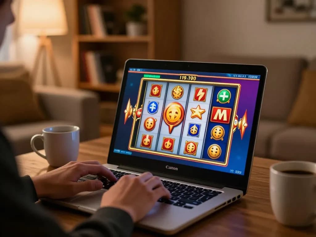Pemain terlibat dalam permainan slot di aman788 dari kenyamanan rumah, menunjukkan kegembiraan dalam permainan online.