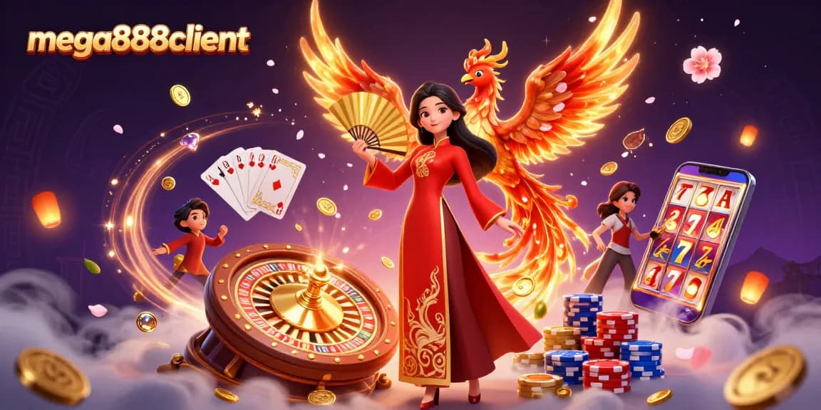 Experience the thrill of Mega888client with a 3D illustration showcasing a phoenix, coins, and casino elements.