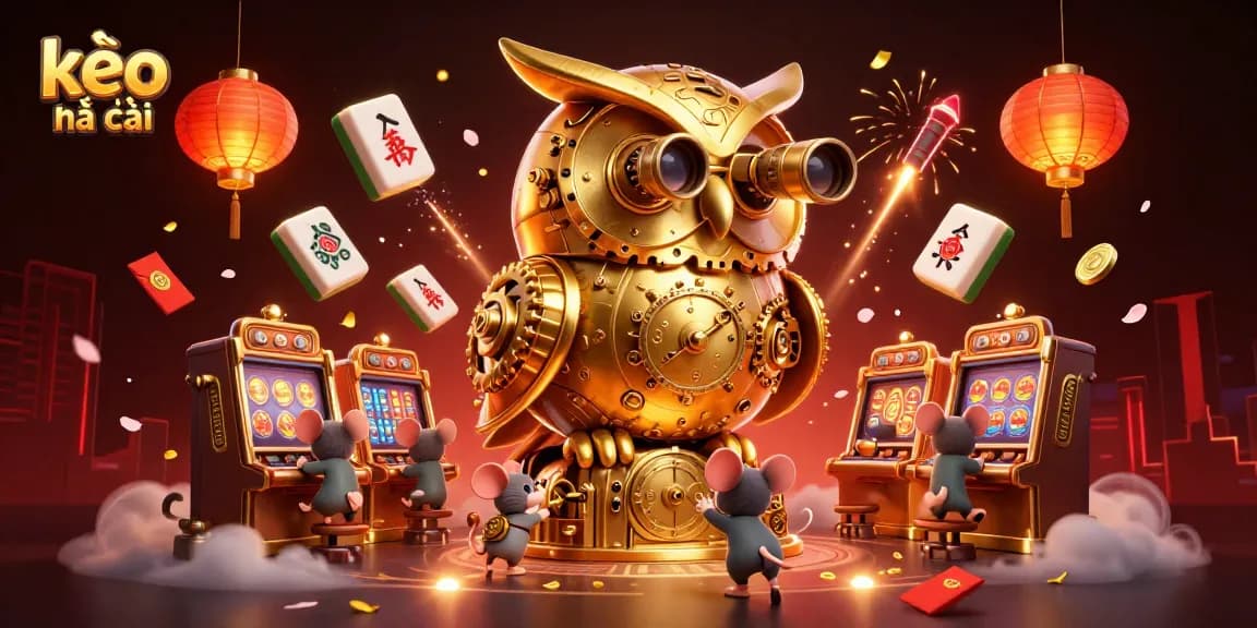Engage with kèo nhà cái in a vibrant casino scene featuring a clockwork owl and whimsical mice.
