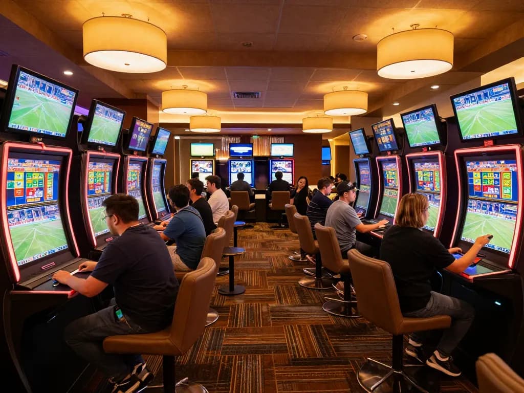 Fans placing bets on fabet in modern sports lounge filled with excitement and screens