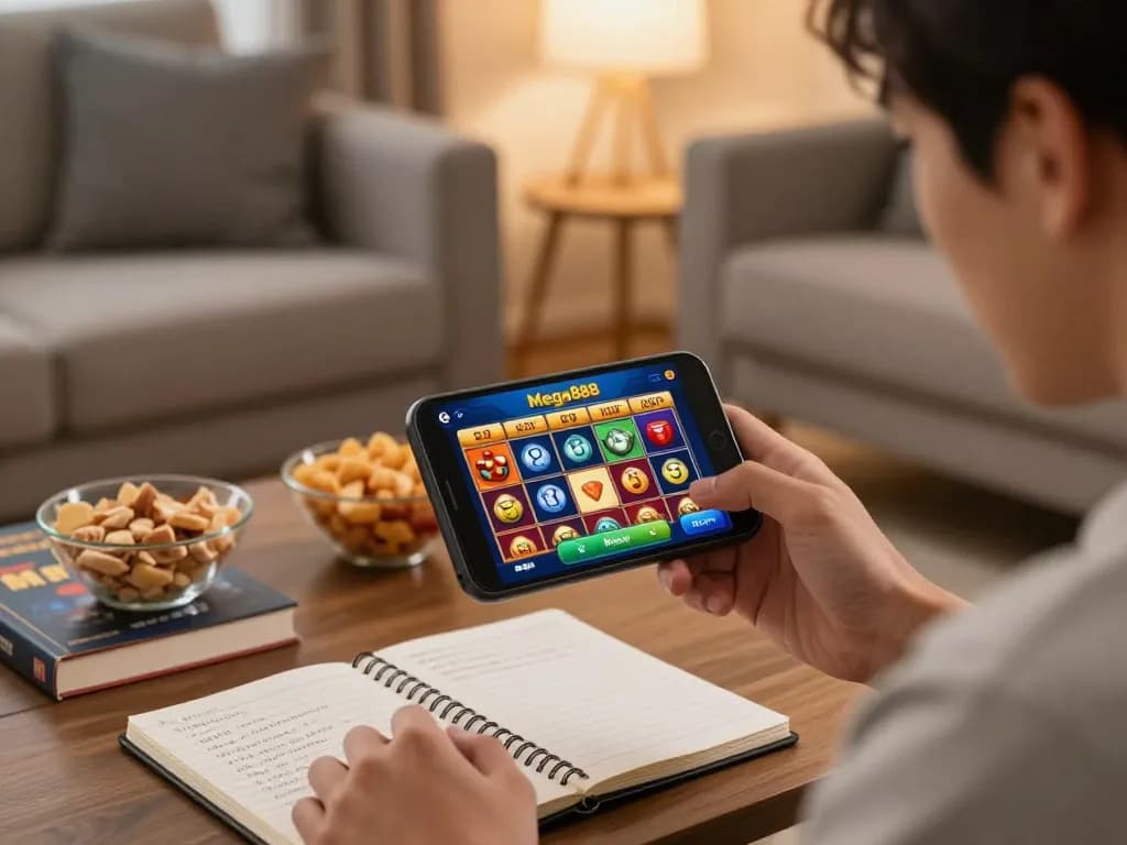 Mega888 tips for winning spins, shown by a player engaged with smartphone casino app in cozy living room.