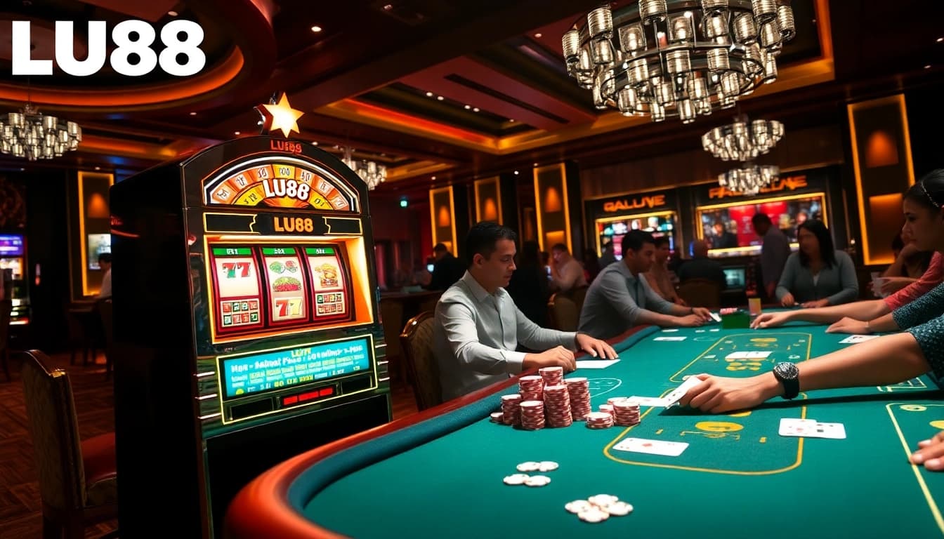 Exciting gambling scene at LU88 featuring vibrant tables, cards, and poker chips
