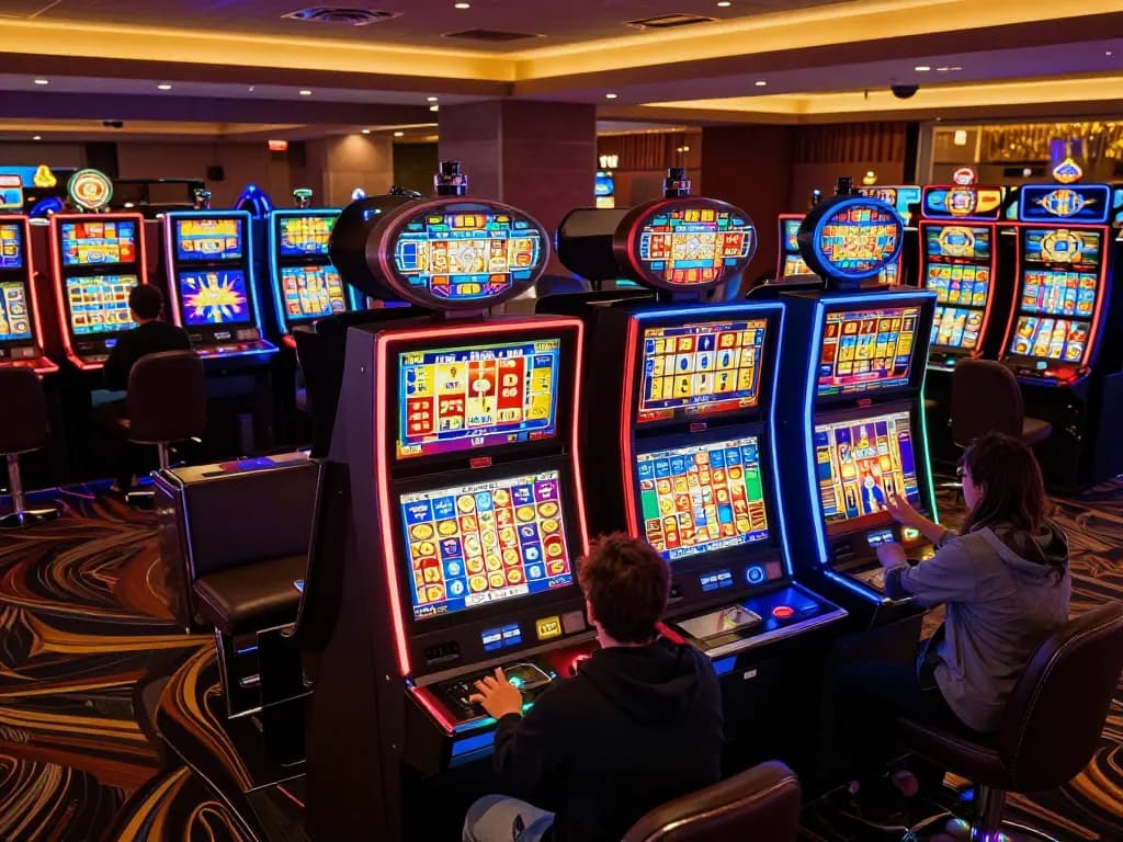 Players engaging with CK444 slot machines, colorful lights and dynamic gameplay creating an exciting casino atmosphere.