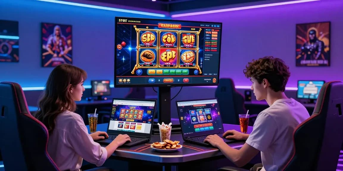 Online gaming enthusiasts exploring credit card casinos UK with vibrant casino game displays in a modern, stylish setting.