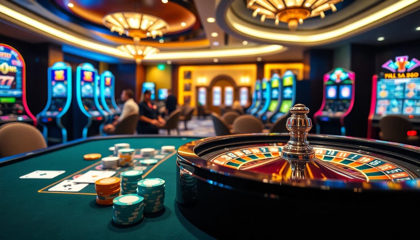 Players experiencing high-stakes excitement at nhà cái xx88 gaming tables with vibrant slot machines.
