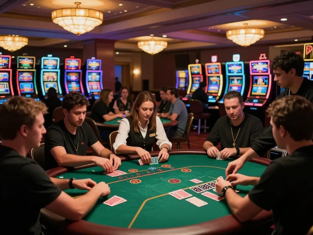 KU3933 players engaging at poker tables in a lively casino environment with ambient lighting.
