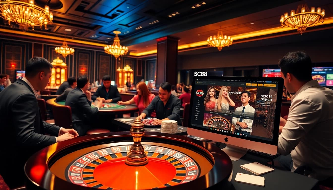 Action-packed scene of players enjoying casino games at Trang chủ cá cược SC88, showcasing a vivid gaming atmosphere.