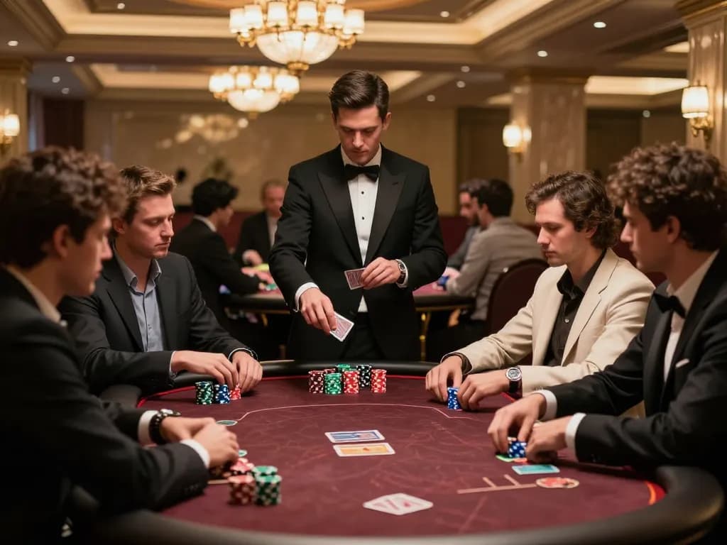 JUARA88 poker players engaging in high-stakes game at elegant casino setting.