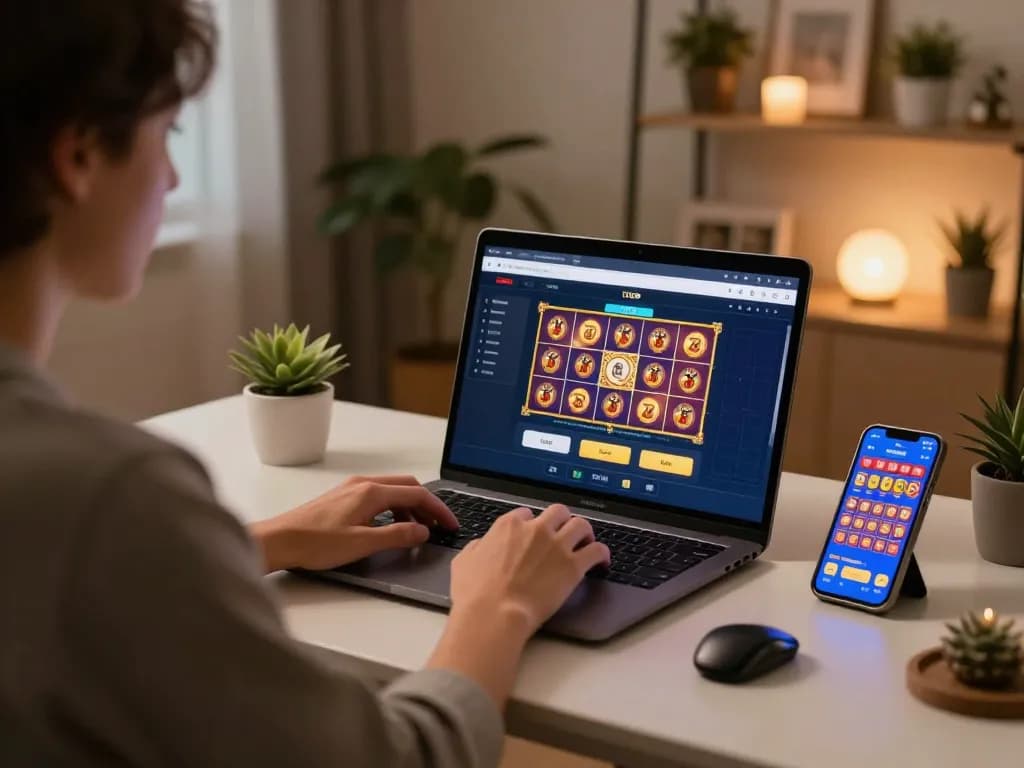 Player enjoying online slots on TO288 application during cozy home evening.