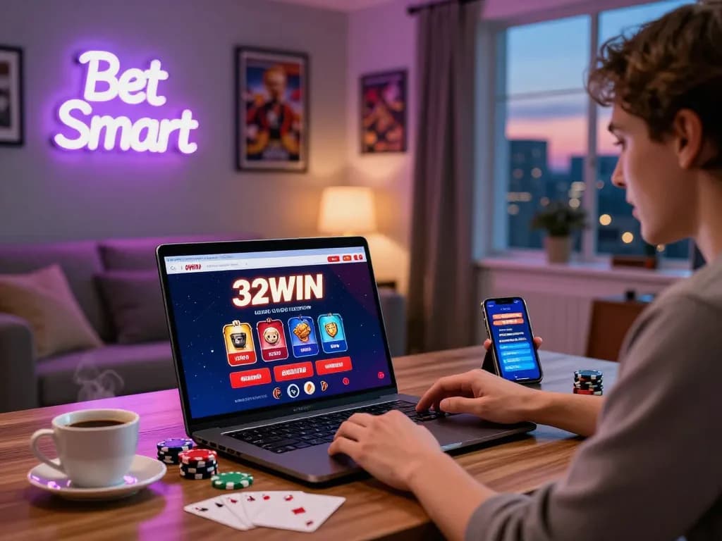 User enjoying the exciting features of https://32win.agency/ in a cozy gaming environment with casino elements.