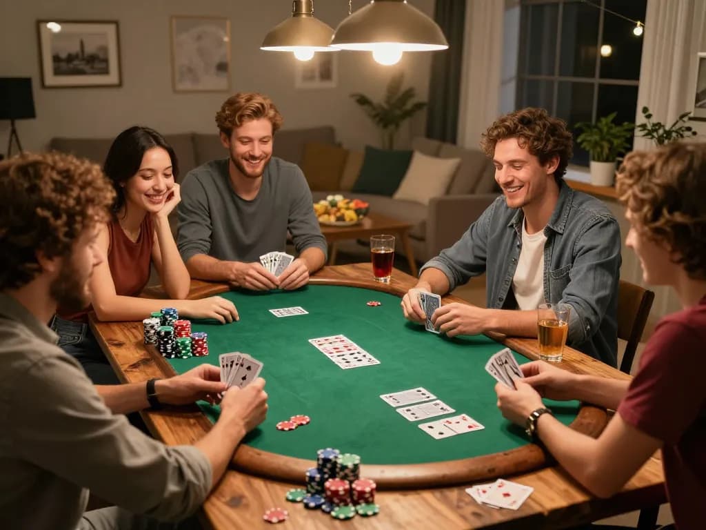 Friends play poker at home, enjoying an exciting night with okking1 gaming fun.