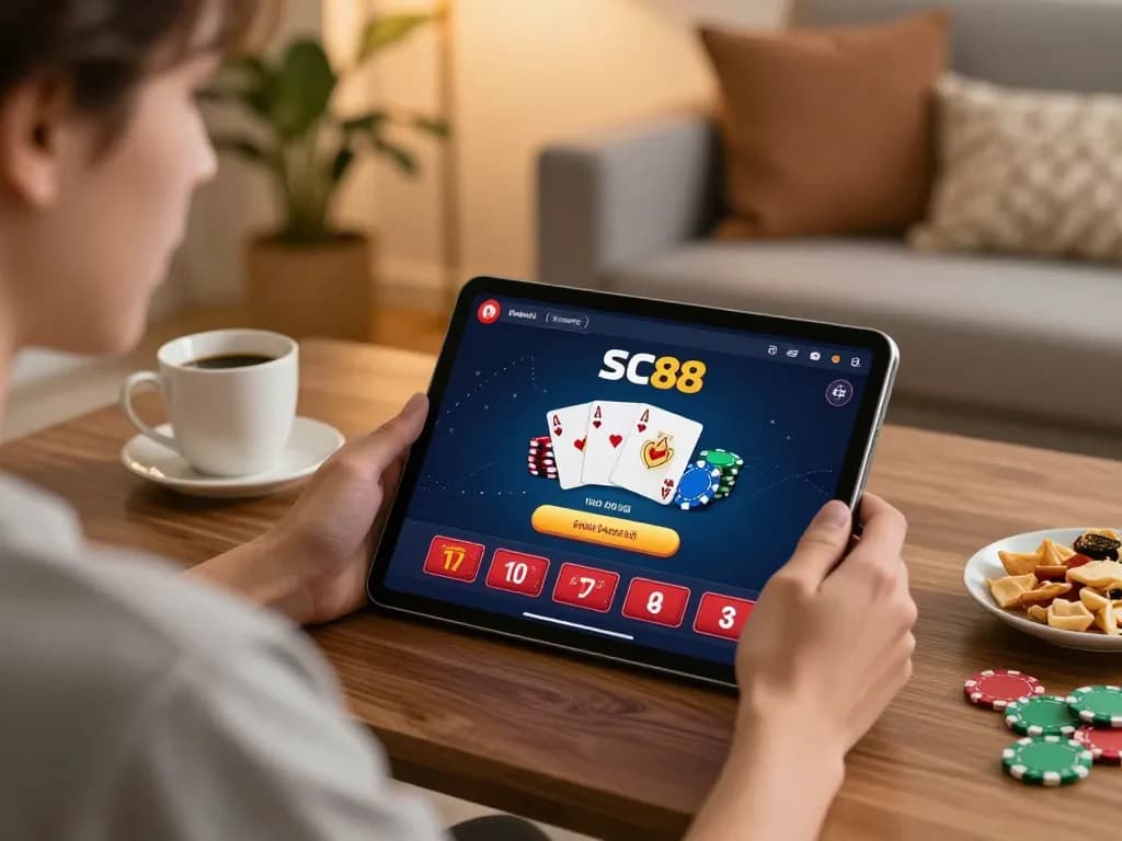 Engaging with SC88 casino app on tablet while enjoying a cozy home gaming setup.