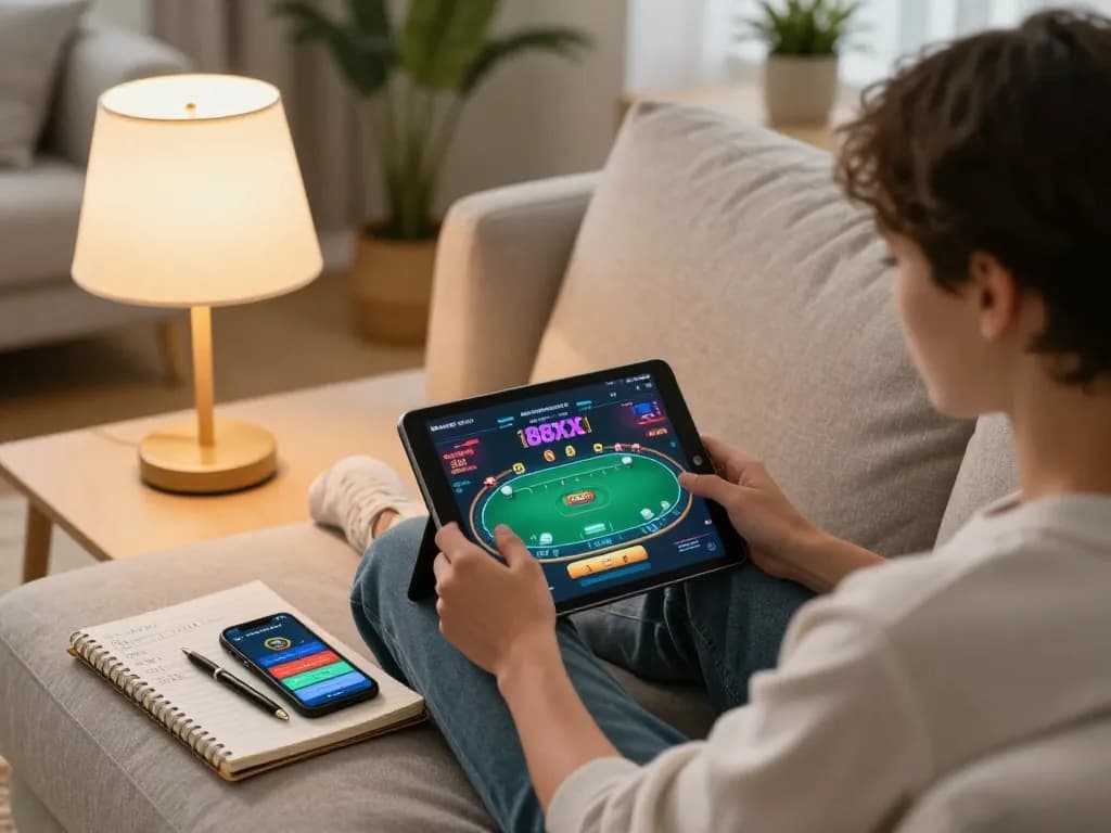 Engaging in online poker using the 88xx casino app on a tablet in a cozy home setting.