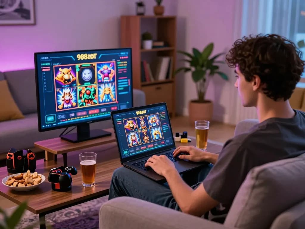 Engaging with 988slot on a laptop while enjoying a cozy home gaming session