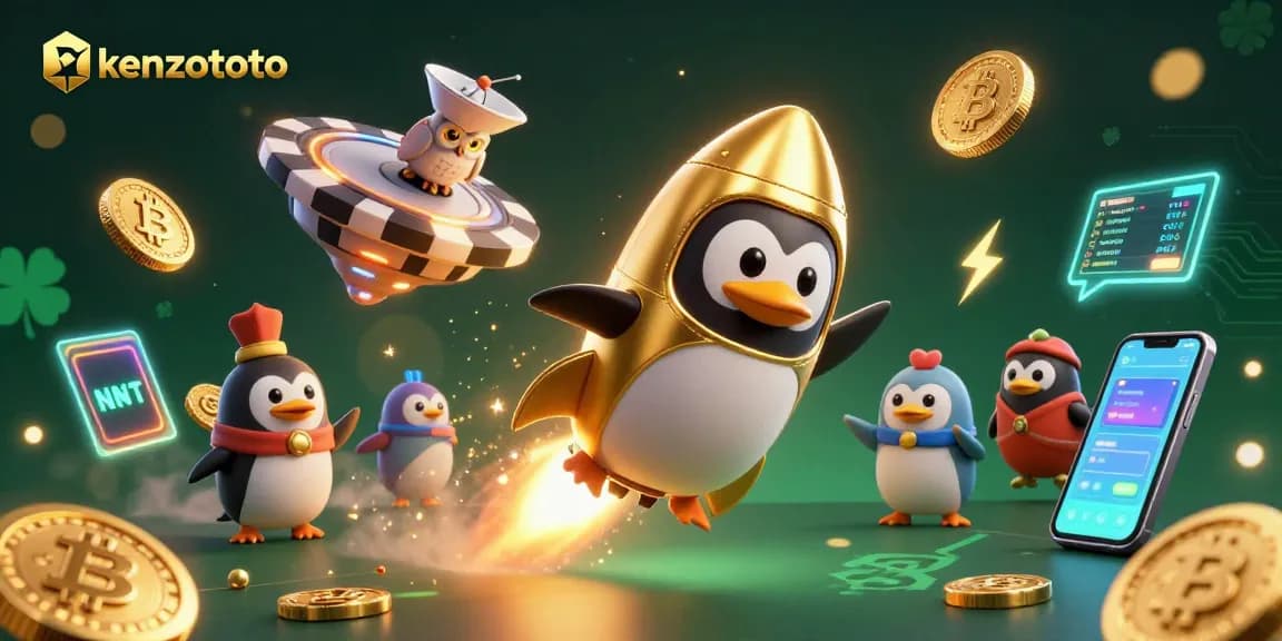 Experience kenzototo's vibrant gaming universe, where a golden penguin and crypto elements unite for big wins.