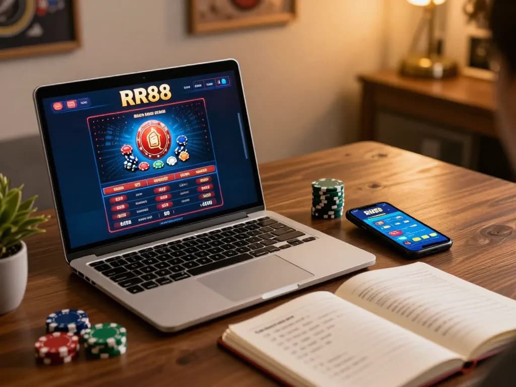 Engaging RR88 online casino gaming scene featuring a laptop, chips, and strategy notes.